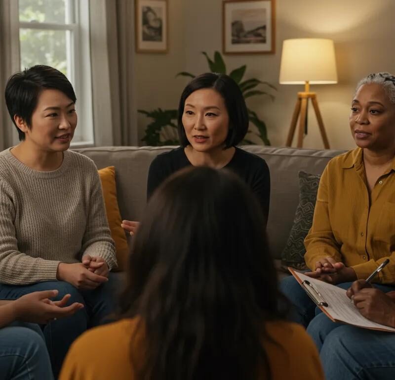 Women discussing endometriosis support and experiences in a cozy living room setting, emphasizing community and shared insights.