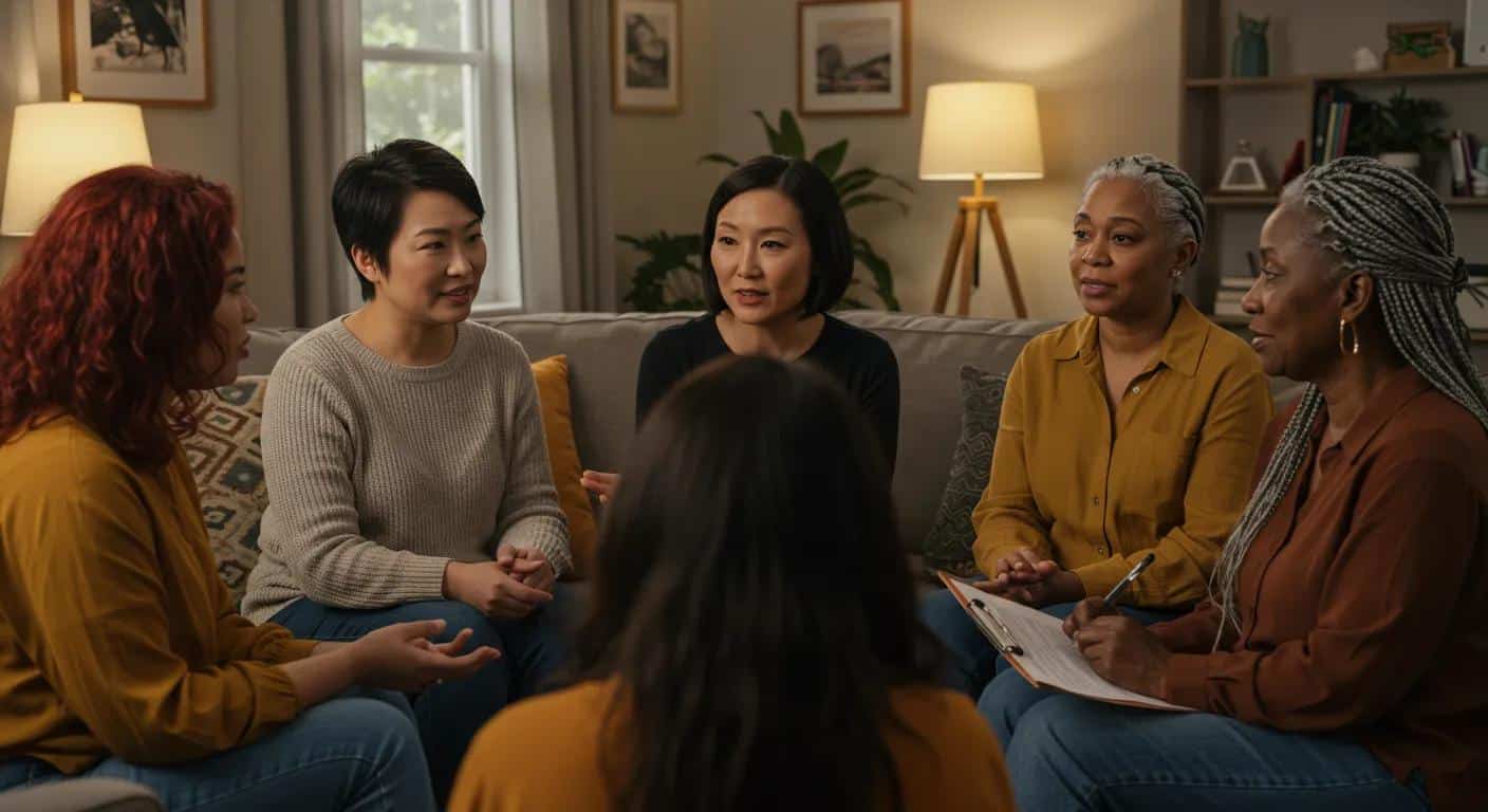 Group of women engaged in discussion, highlighting support and communication regarding health topics, relevant to endometriosis awareness and diagnosis challenges.