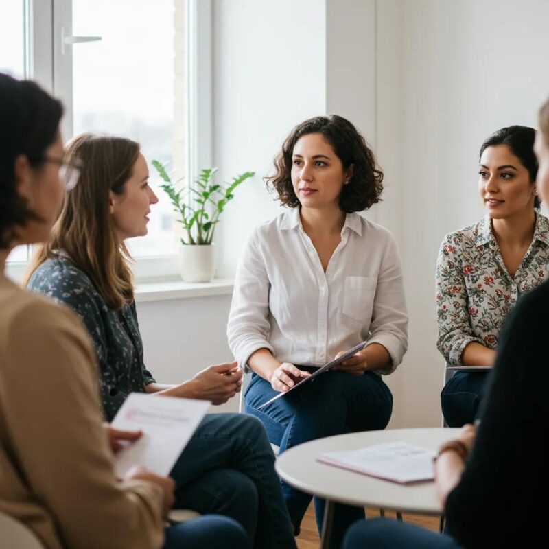 Diverse group of women discussing health and wellness in a supportive environment, emphasizing community and empowerment