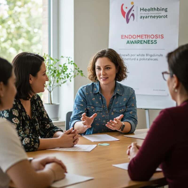 Diverse women discussing endometriosis awareness in a supportive environment