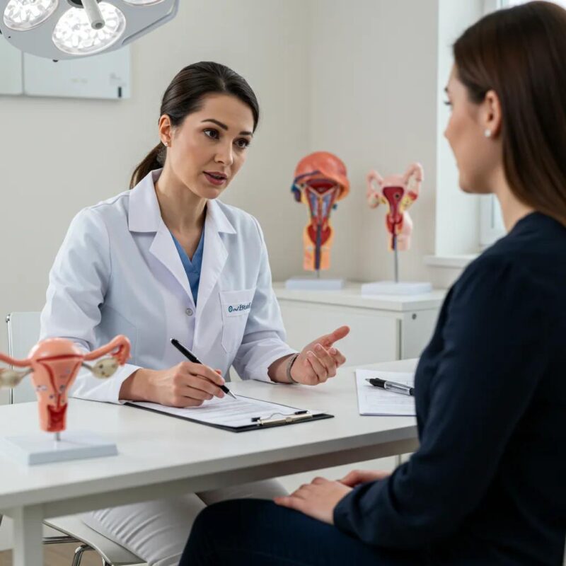 Healthcare professional discussing endometriosis diagnosis with a patient in a clinic