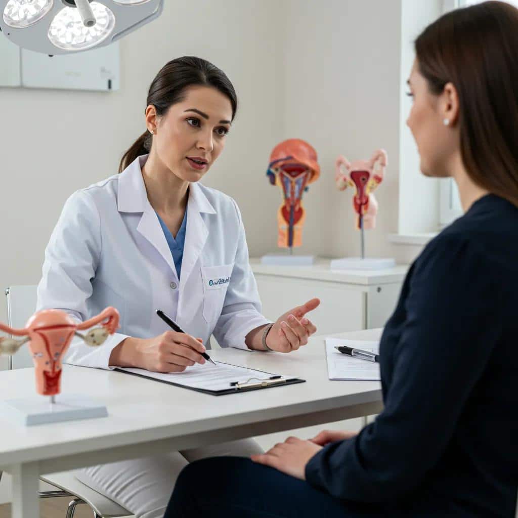 Healthcare professional discussing endometriosis diagnosis with a patient in a clinic