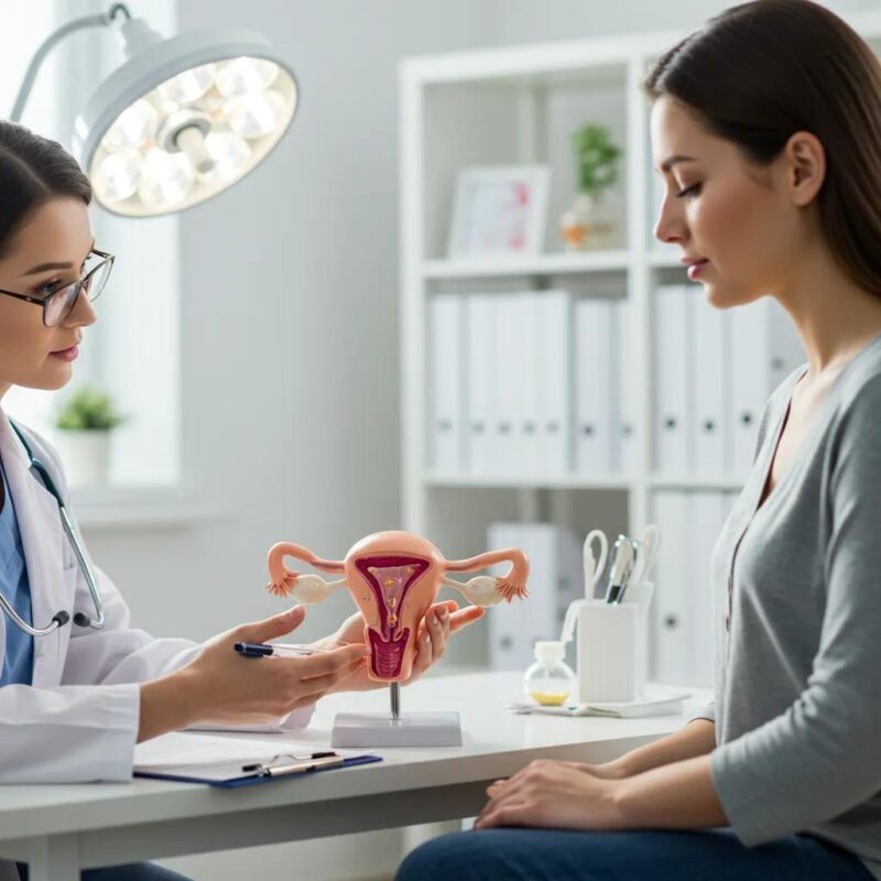 Healthcare professional explaining endometriosis to a patient in a supportive clinic environment