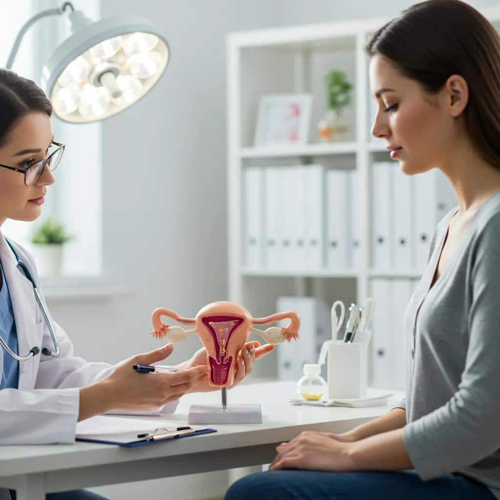 Healthcare professional explaining endometriosis to a patient in a supportive clinic environment