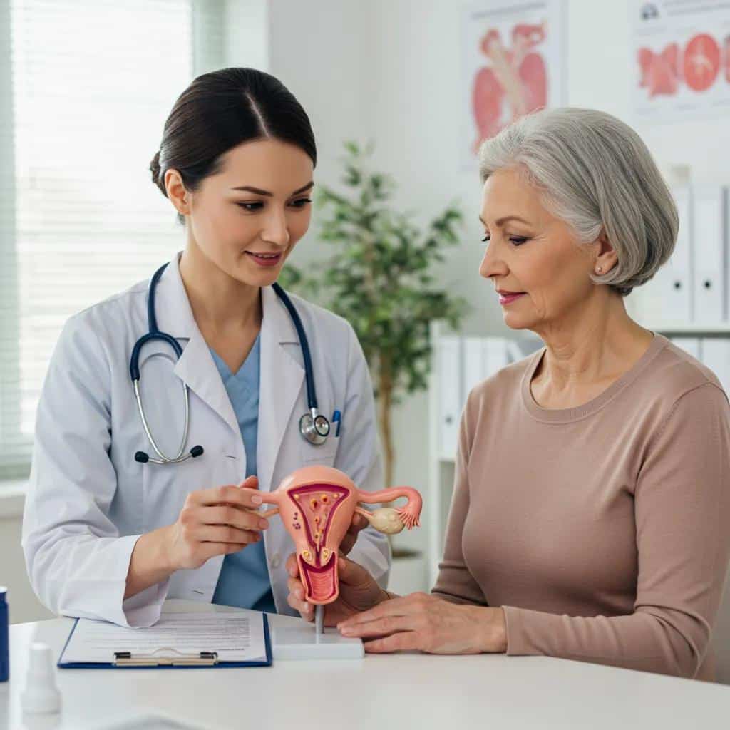 Healthcare professional explaining endometriosis to postmenopausal woman using anatomical model in clinical setting.