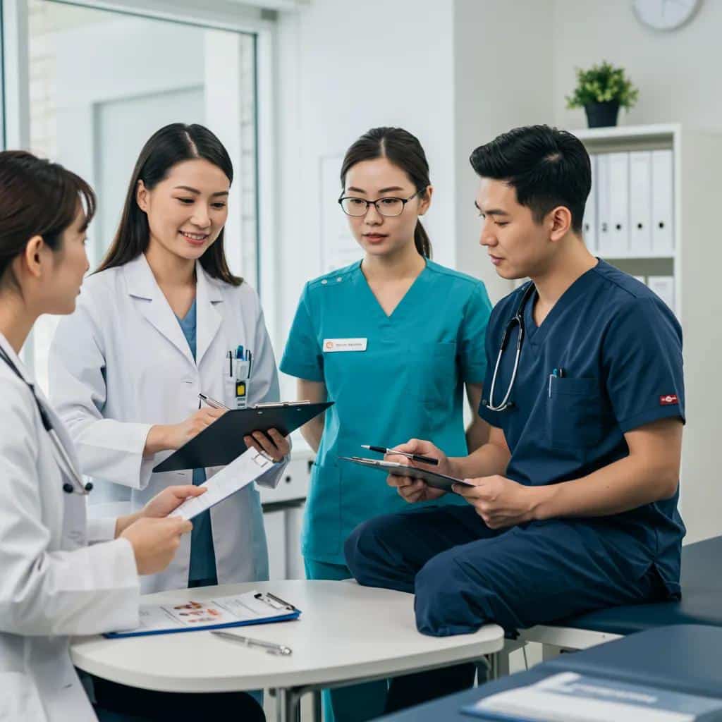 Healthcare team collaborating on a multidisciplinary care plan for endometriosis management, featuring diverse medical professionals discussing treatment strategies and patient care.