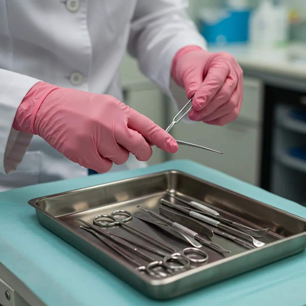 healthcare tools prepared for a pelvic exam in a clinical setting 37606082 c3b7 45a6 ab0a 5381231f9b8fwebp - Rachael Haverland Site Healthcare professional in pink gloves preparing surgical instruments for a pelvic exam in a clinical setting, emphasizing the importance of specialized care in endometriosis diagnosis.