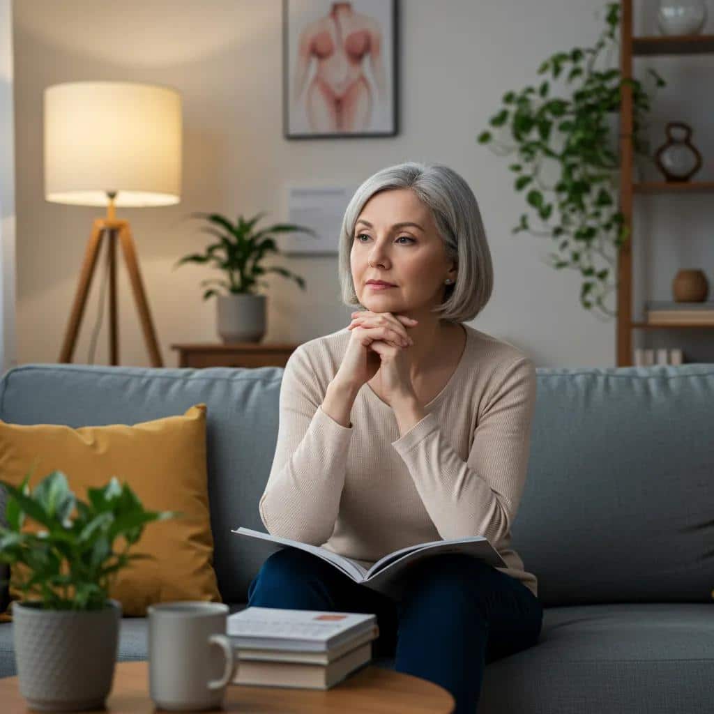 middle aged woman in a cozy home reflecting on menopause and endometriosis 875565ef 4b37 489c bfe5 84743cafb18cwebp - Rachael Haverland Site Middle-aged woman in cozy home reflecting on menopause and endometriosis, seated on a couch with a book, surrounded by plants and warm lighting.