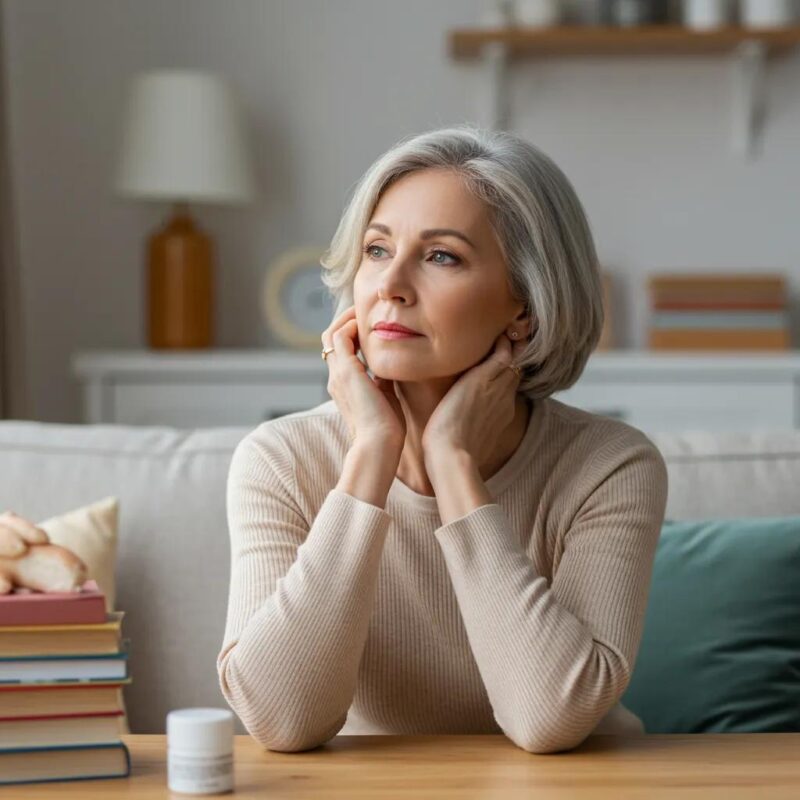 Middle-aged woman reflecting on health and well-being in a cozy home setting, emphasizing women's health