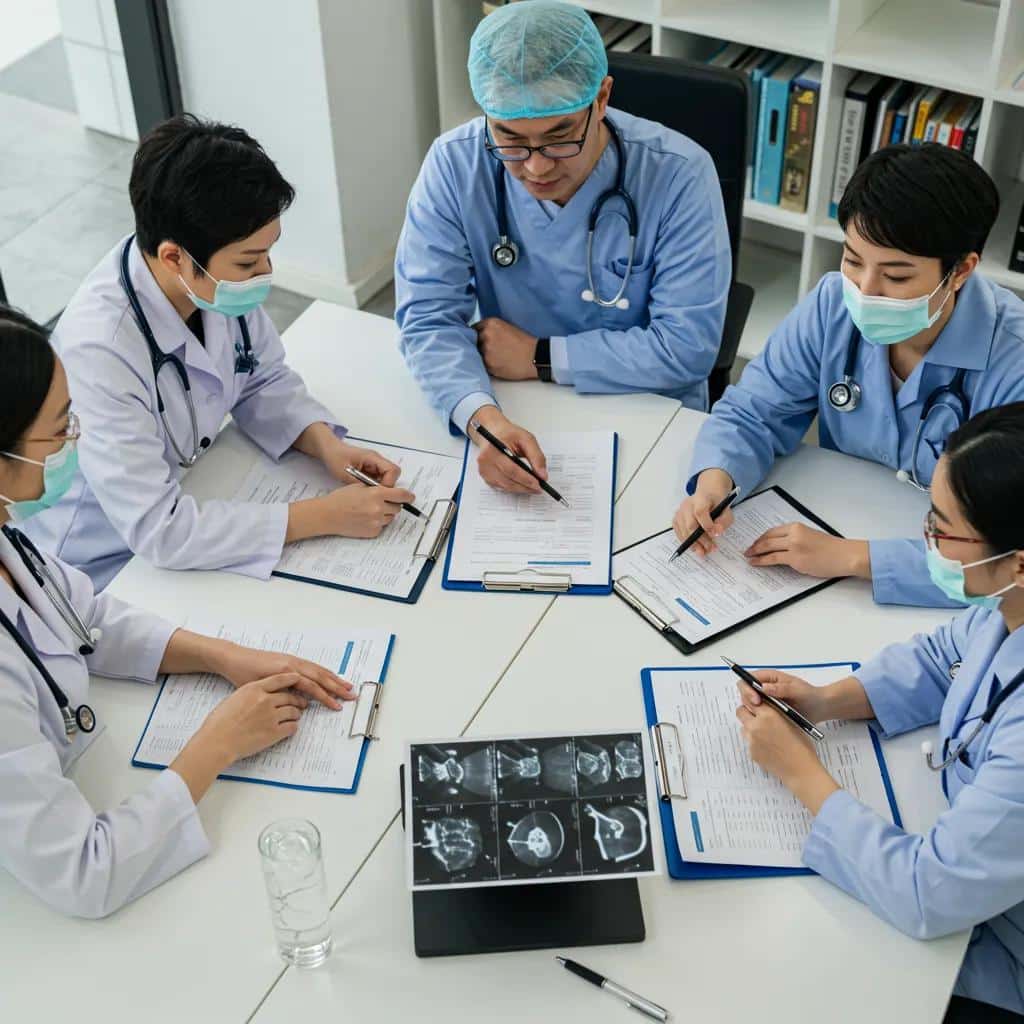 A diverse healthcare team collaborating and discussing an endometriosis treatment plan