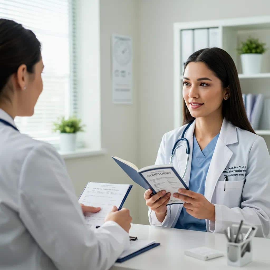 A patient confidently advocating for herself during a medical consultation, holding a detailed symptom diary