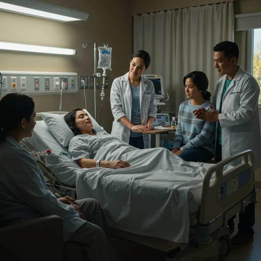 patient recovering in a cozy hospital room after endometriosis surgery with family support 31b79f97 f705 4173 9f89 e6c12c219140webp - Rachael Haverland Site Patient recovering in a hospital bed after endometriosis surgery, surrounded by supportive family and medical staff, with IV and monitoring equipment visible.