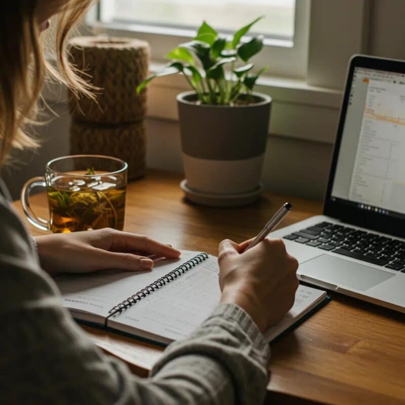 Patient writing in a symptom diary at a cozy desk, emphasizing the importance of endometriosis symptom tracking