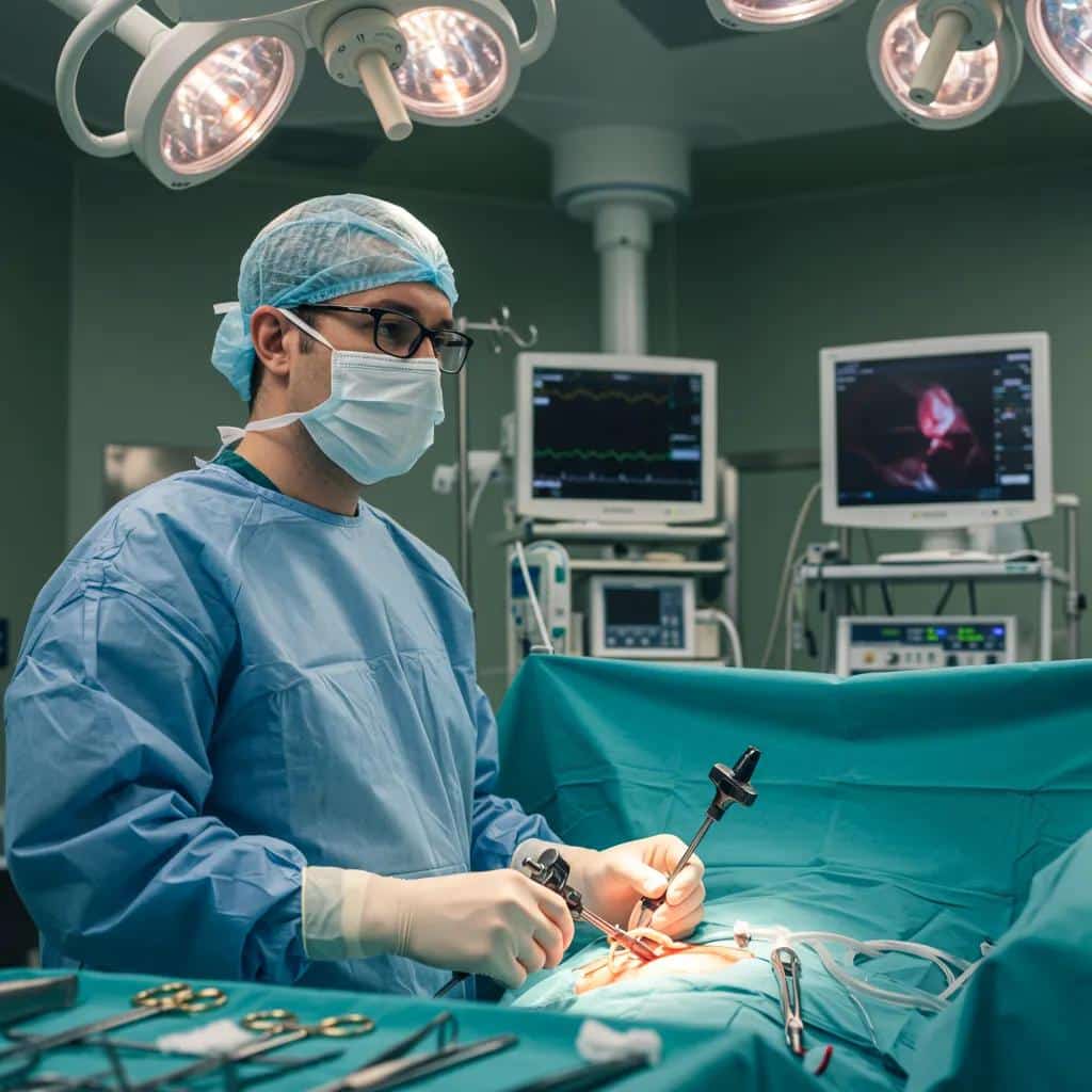 Surgeon performing laparoscopic surgery in an operating room, focused on endometriosis diagnosis and treatment, with medical monitors displaying vital signs and imaging.
