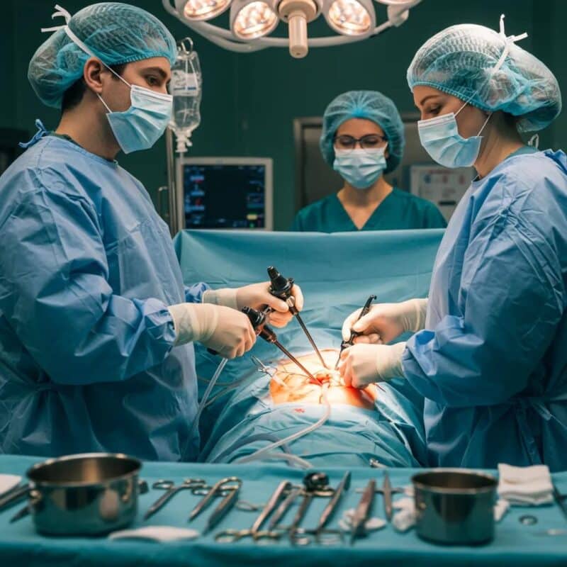 Surgical team performing minimally invasive endometriosis surgery in a modern operating room