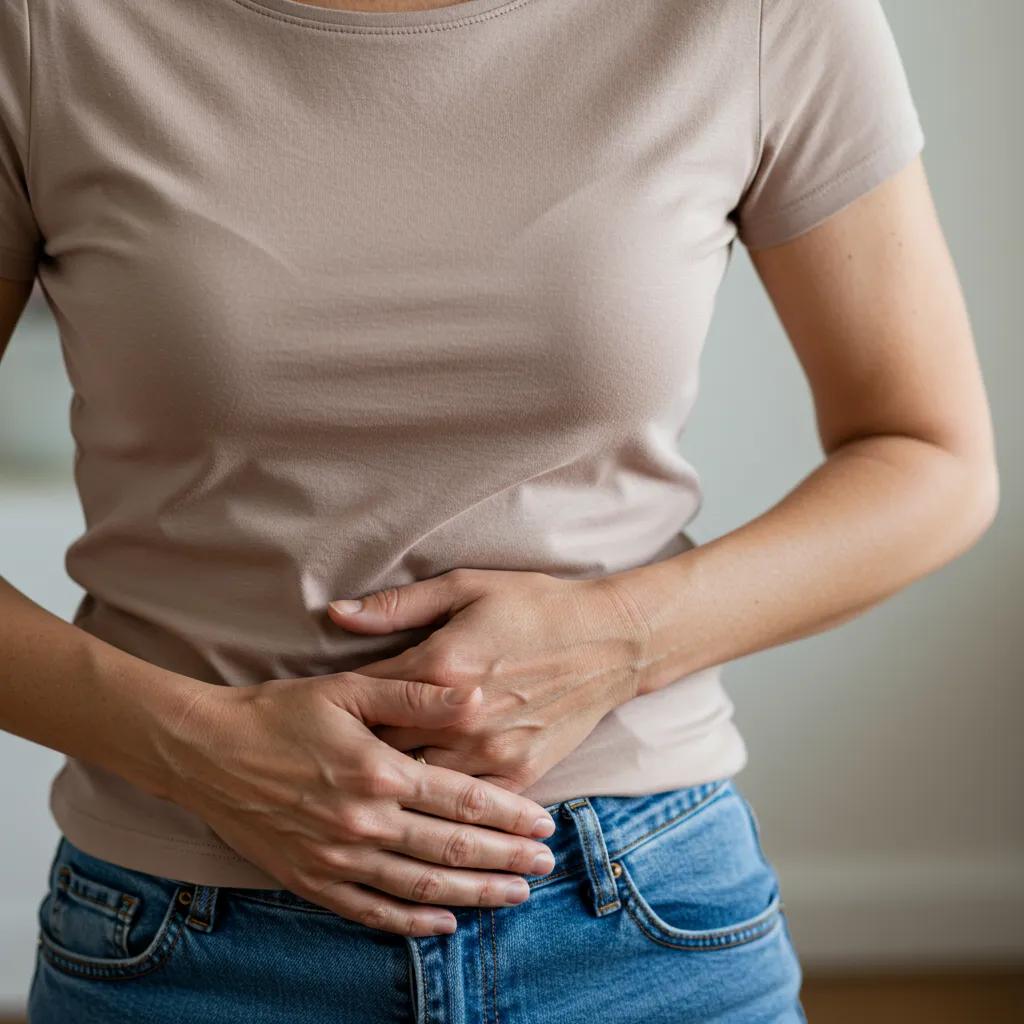 Woman in a beige shirt holding her abdomen, indicating symptoms associated with postmenopausal endometriosis, reflecting the importance of recognizing pelvic pain and other signs.