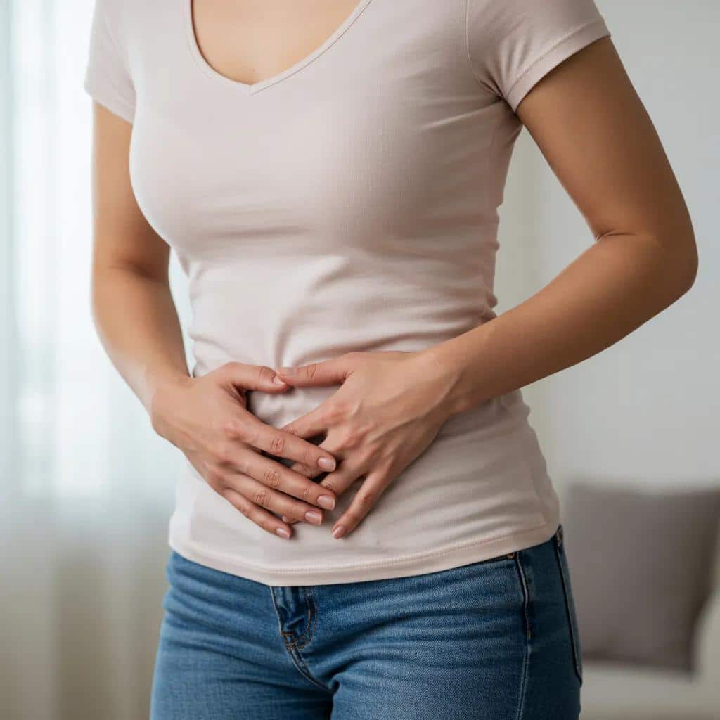 woman holding her abdomen illustrating the common symptoms of endometriosis and the confusion they cause 76114aeb 6000 4268 bbbb 828d20d20d55webp - Rachael Haverland Site Woman experiencing pelvic discomfort, illustrating the common, often confusing, symptoms of endometriosis