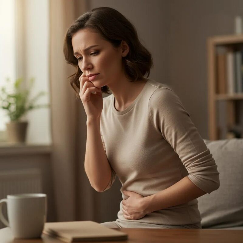 Woman holding her abdomen in a cozy home setting, representing the experience of endometriosis symptoms