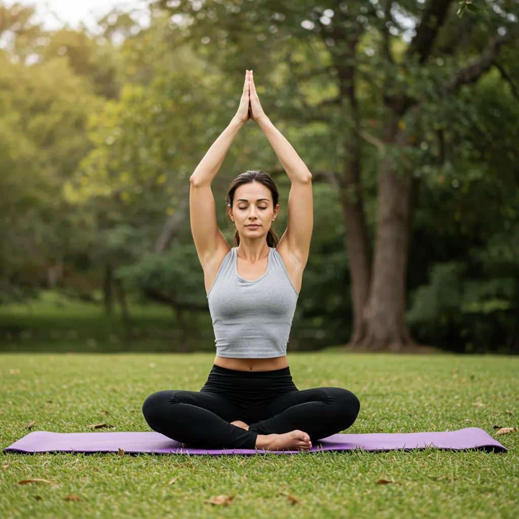 Woman practicing yoga outdoors to manage chronic pelvic pain associated with endometriosis, seated in a meditative pose on a yoga mat in a natural setting.