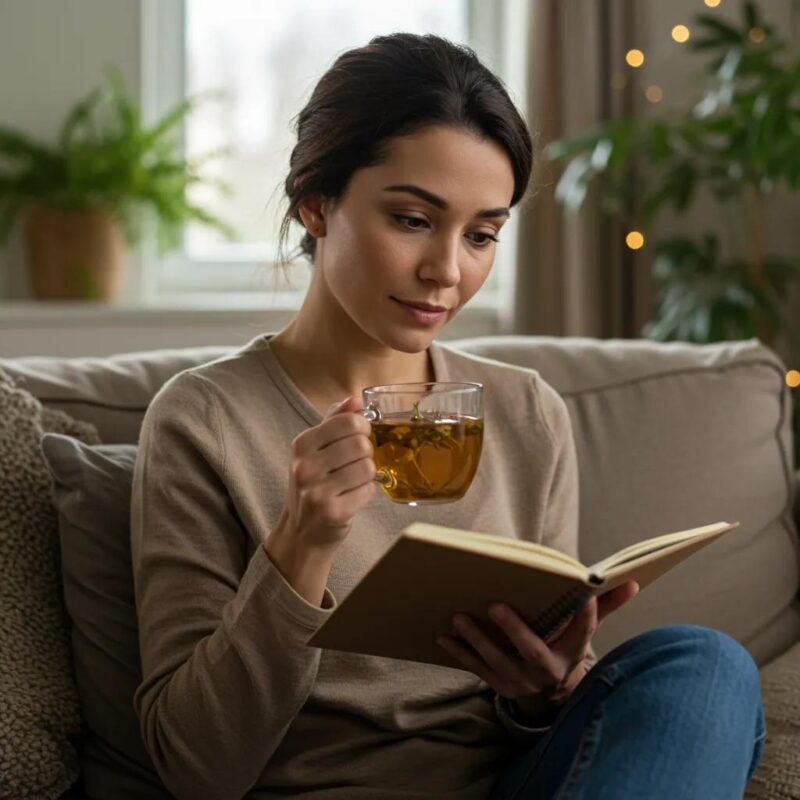 Woman reflecting on endometriosis management in a cozy home setting