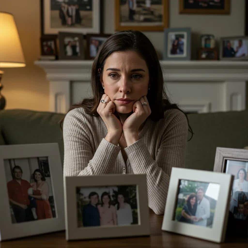 woman reflecting on her endometriosis journey surrounded by family photos d459f592 2288 48b6 8951 ec46d847d140webp - Rachael Haverland Site A woman reflecting on her endometriosis journey, surrounded by cherished family photographs