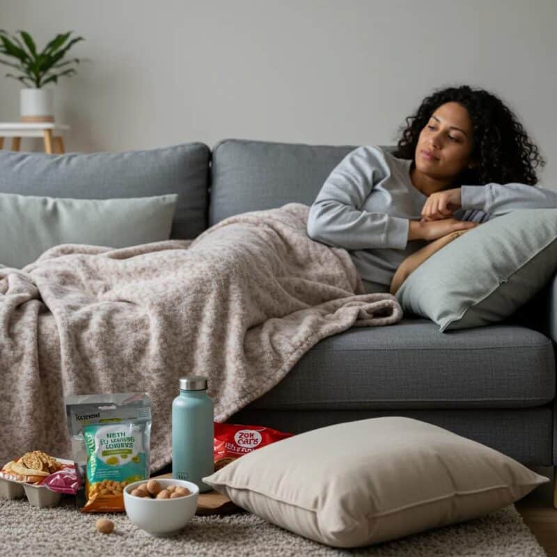 Woman resting on a couch with supportive items, symbolizing recovery after endometriosis laparoscopy