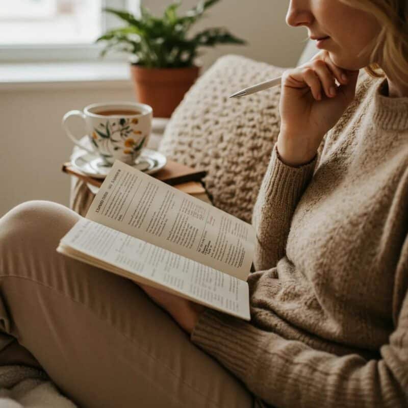 Woman reviewing health journal in a cozy setting, symbolizing empowerment in endometriosis diagnosis