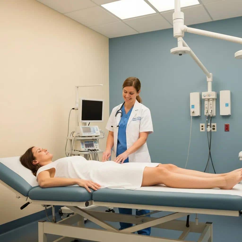 A compassionate healthcare provider preparing for a pelvic exam in a warm, inviting medical examination room
