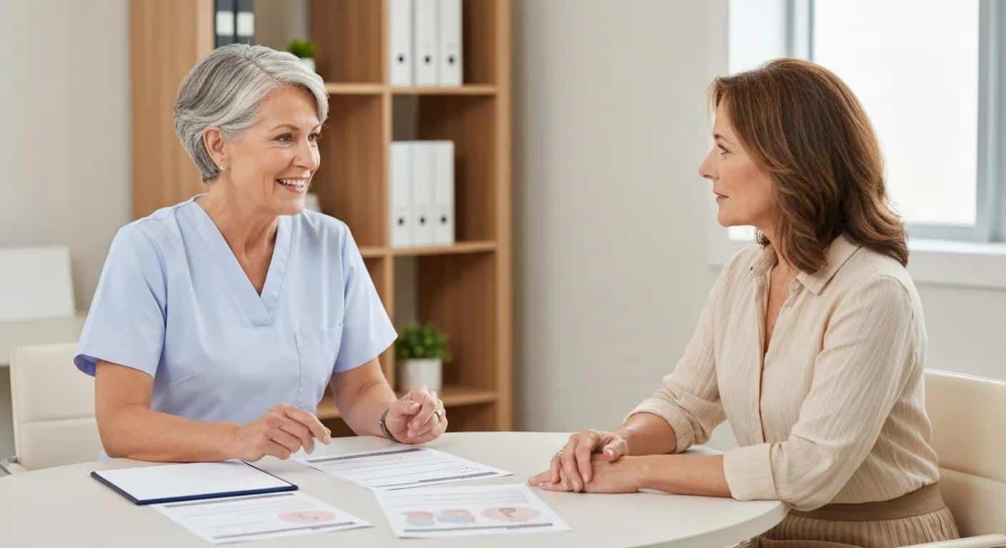 Clinician reviewing endometriosis treatment options with a postmenopausal woman in a clinic