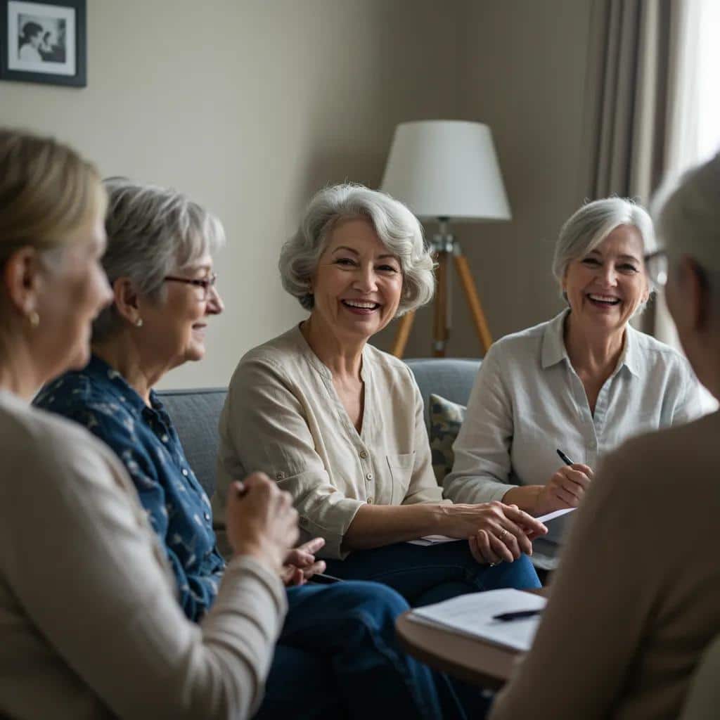 Diverse older women discussing postmenopausal health and endometriosis in a supportive environment
