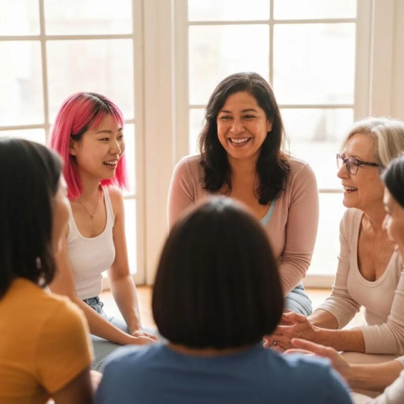 Diverse women in a supportive discussion about endometriosis, highlighting community and empowerment in women's health