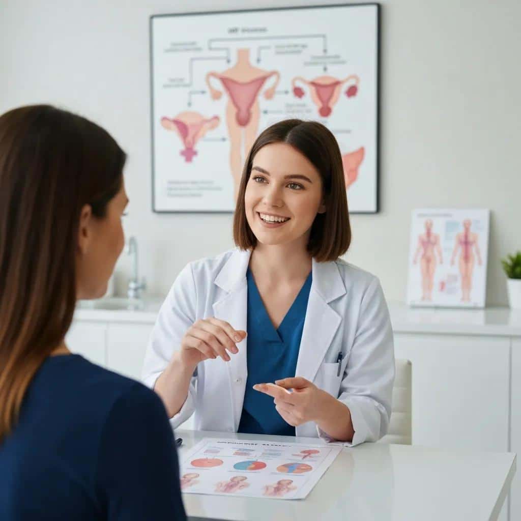 Clinician explaining hormone replacement therapy options to a patient