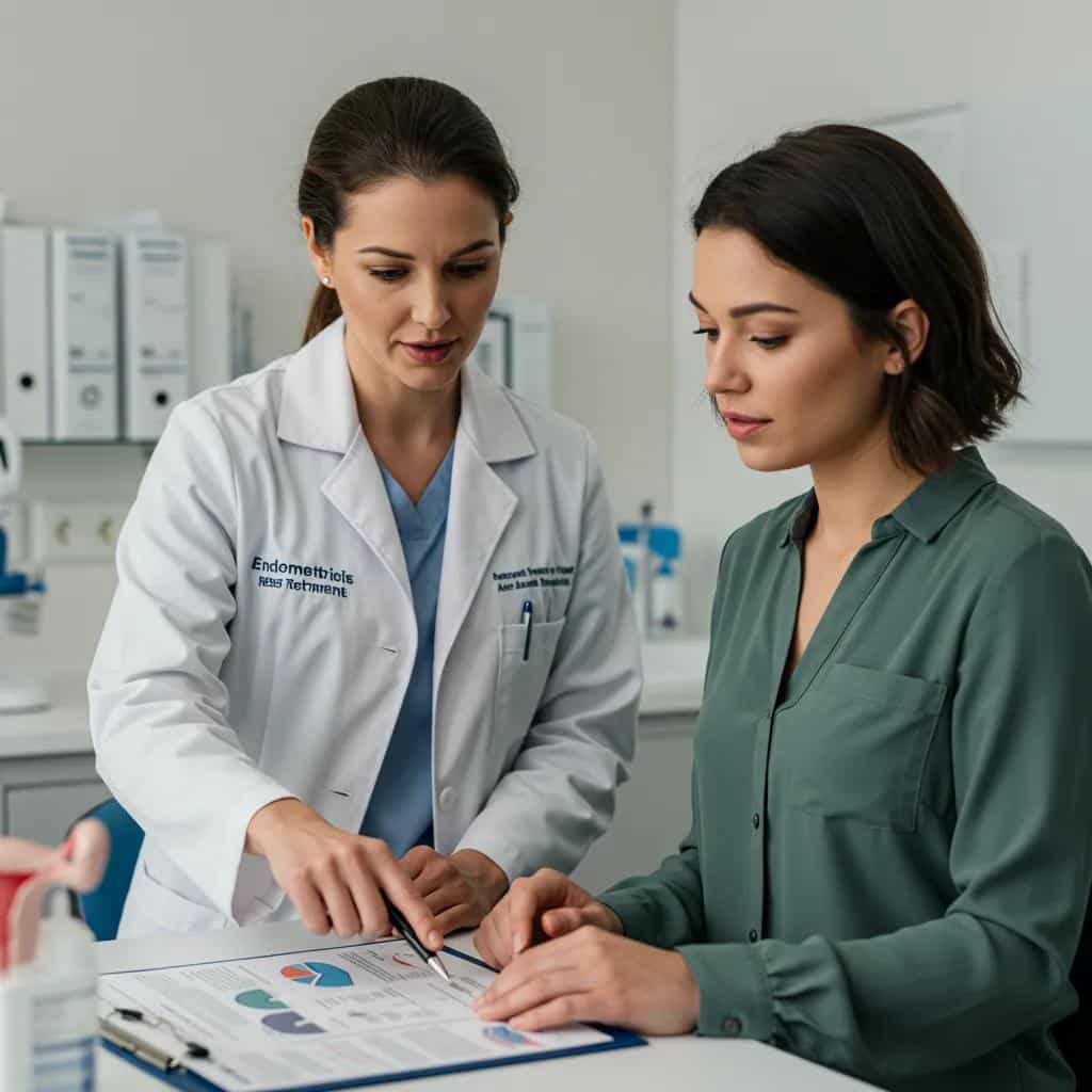 healthcare professional discussing treatment options for endometriosis with a patient bcf049a5 a89e 464b 949c b60ef77ef9ebwebp - Rachael Haverland Site Healthcare professional discussing endometriosis treatment options with a patient, reviewing charts and data in a clinical setting.