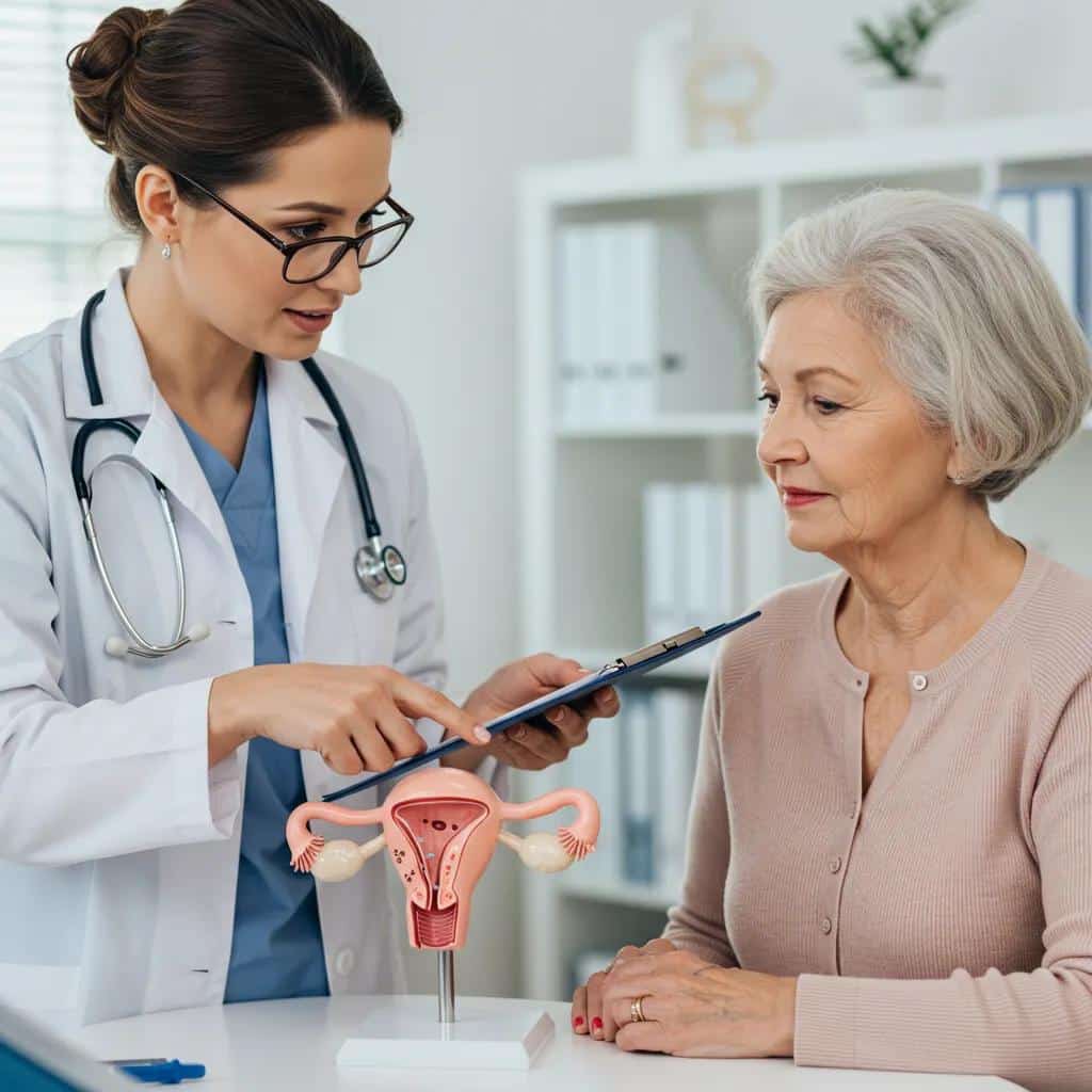 Healthcare professional explaining surgical treatment options for postmenopausal endometriosis to an older patient
