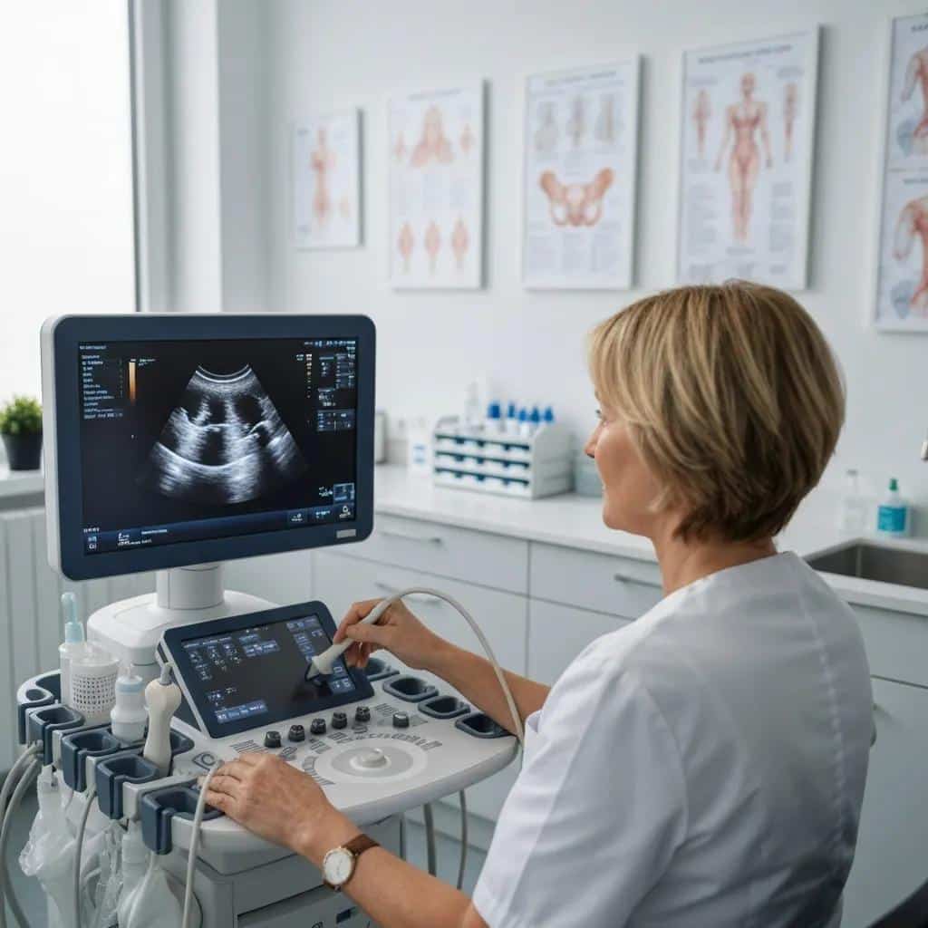 Clinician performing pelvic ultrasound to evaluate for endometriosis, underscoring the role of accurate imaging
