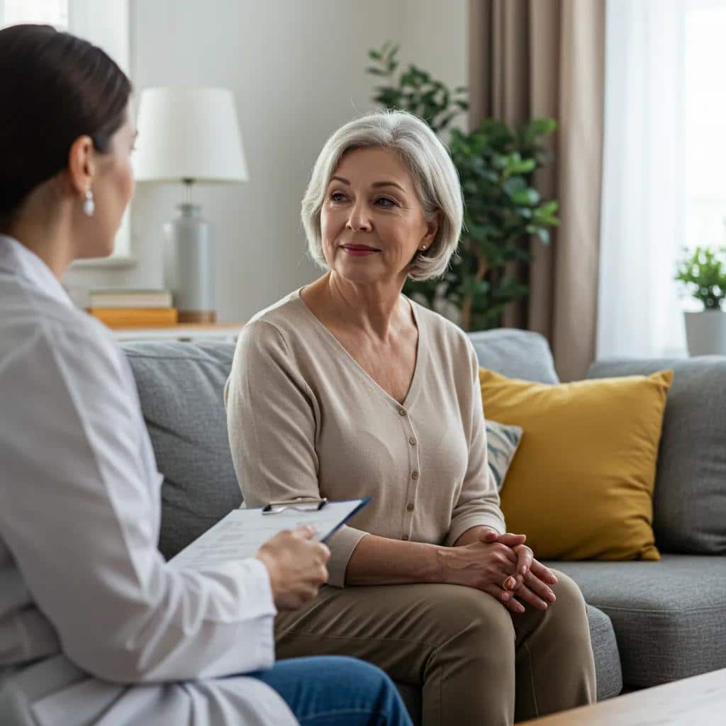 middle aged woman discussing menopause and endometriosis with a healthcare professional in a cozy living room 64f45244 a3e3 42fc 9dc5 dcf965324cf9webp - Rachael Haverland Site Middle-aged woman discussing menopause and endometriosis with a healthcare professional in a cozy living room setting.