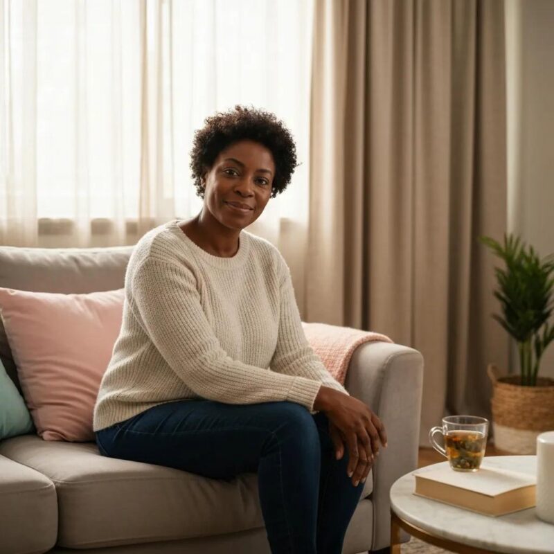 Middle-aged woman in a cozy living room reflecting on menopause and emotional health