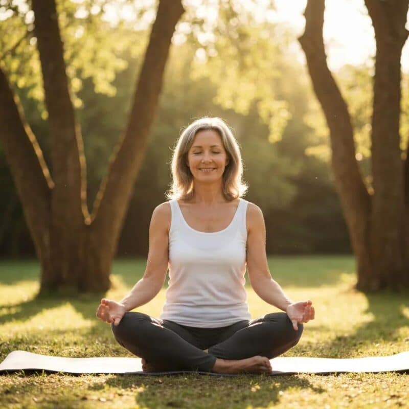 Middle-aged woman practicing mindfulness outdoors, representing anxiety management after menopause