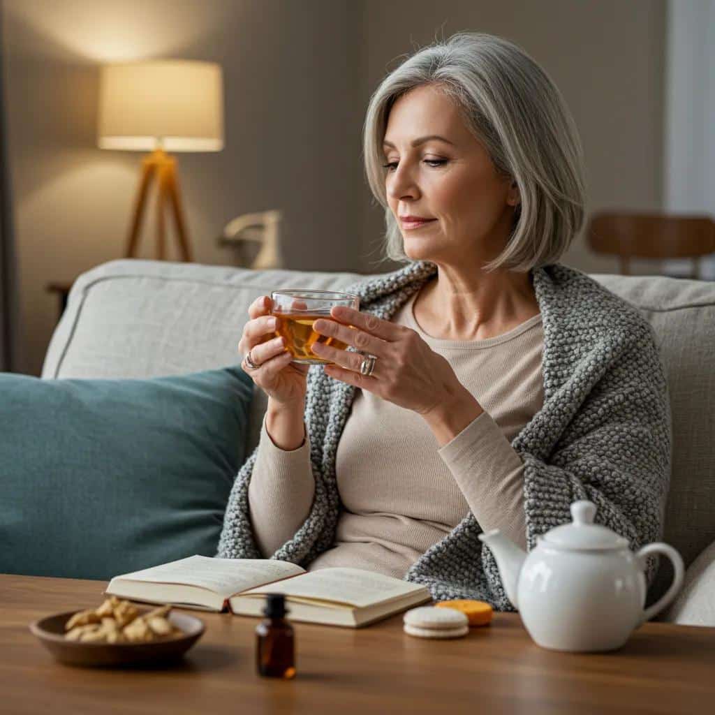 Middle-aged woman practicing self-care for menopause and endometriosis in a cozy home environment
