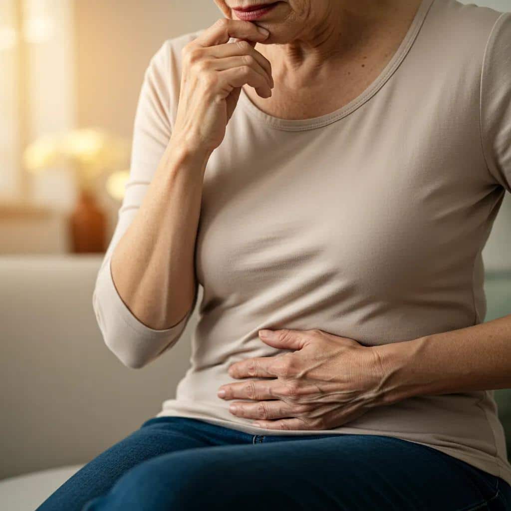 Older woman reflecting on pelvic pain, symbolizing common symptoms of postmenopausal endometriosis