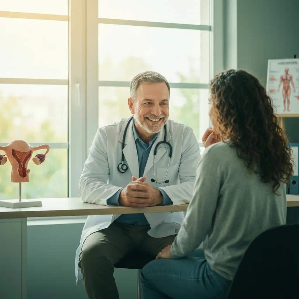 Patient and doctor discussing endometriosis diagnosis in a consultation room