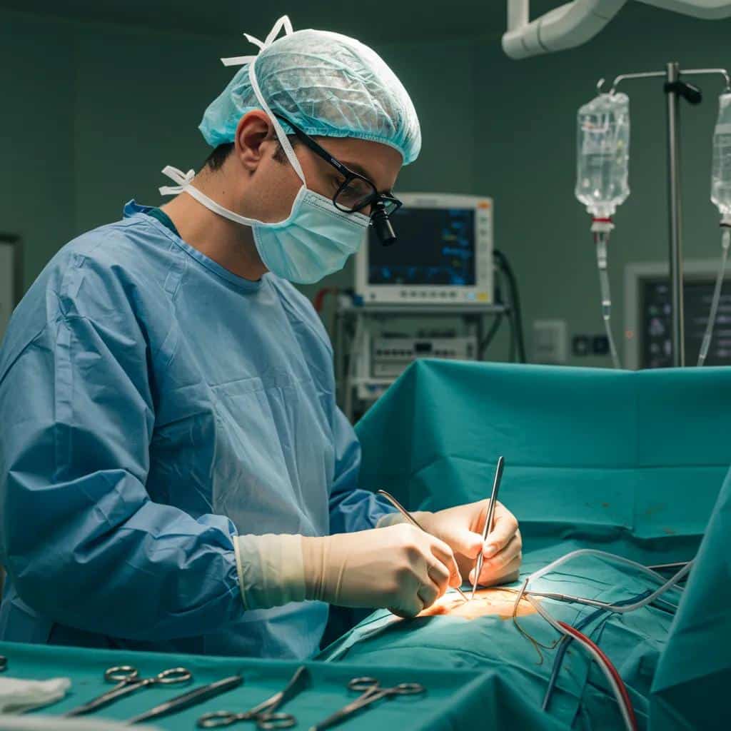 Surgeon performing excision surgery for endometriosis in a sterile operating room
