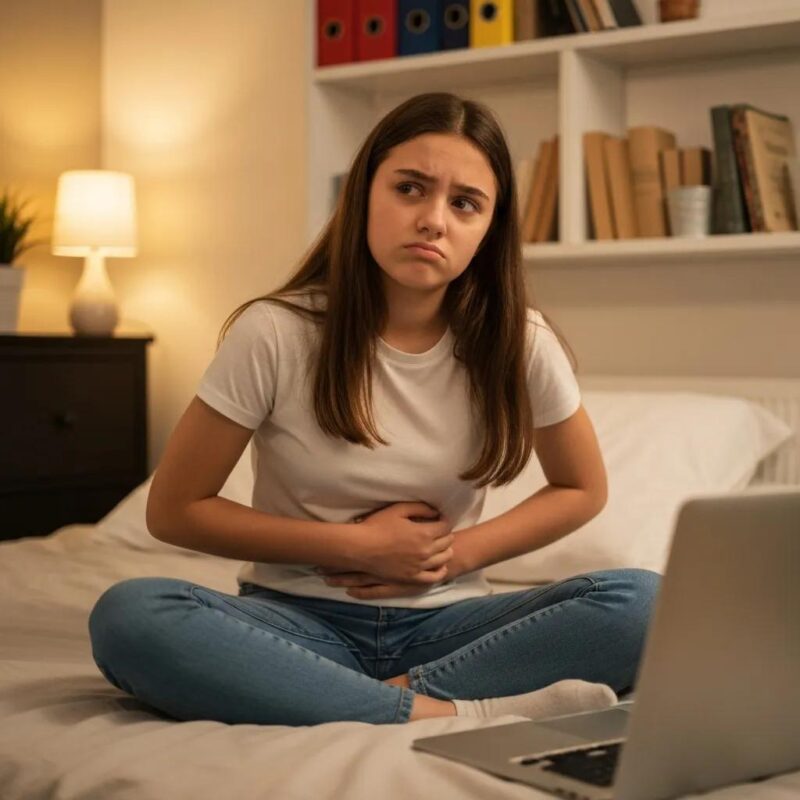 Teenage girl experiencing menstrual pain in a cozy bedroom setting