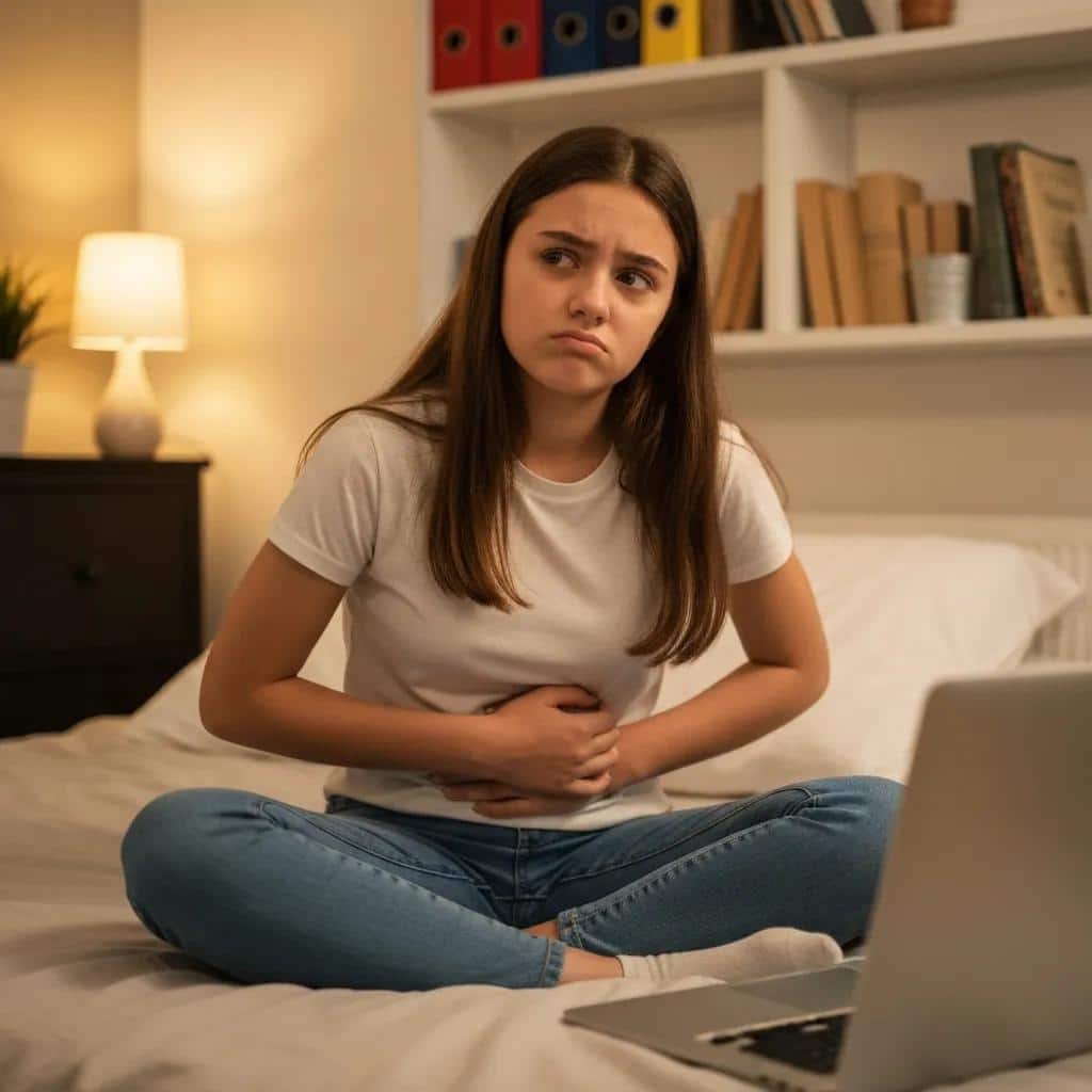 Teenage girl experiencing menstrual pain in a cozy bedroom setting