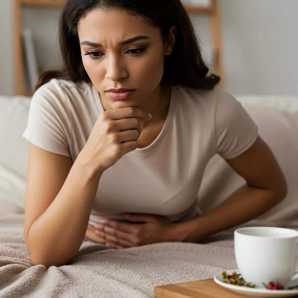 Woman experiencing pelvic pain while reflecting on postmenopausal endometriosis symptoms, seated on a bed with a cup of herbal tea nearby.