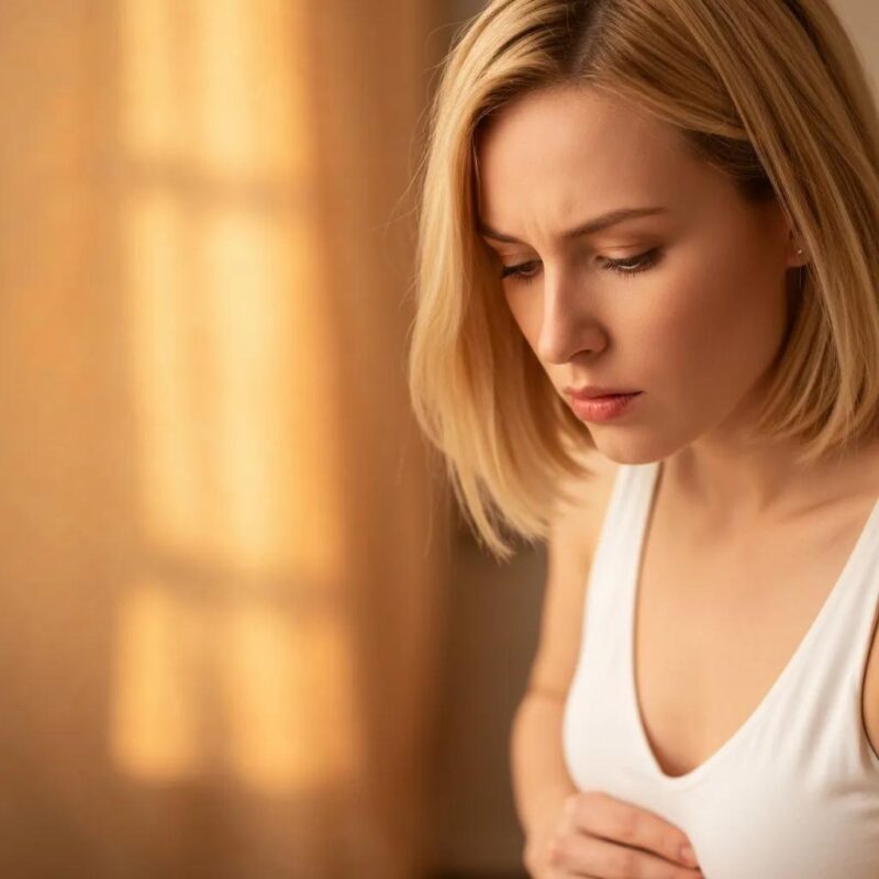 Woman with pelvic discomfort, illustrating symptoms of postmenopausal endometriosis