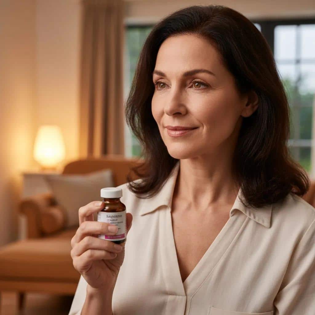 Woman holding hormone replacement therapy medication — considering HRT for emotional support during menopause