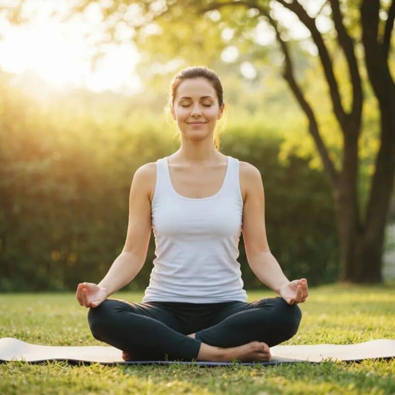 Woman practicing mindfulness in nature, embodying tranquility and emotional well-being