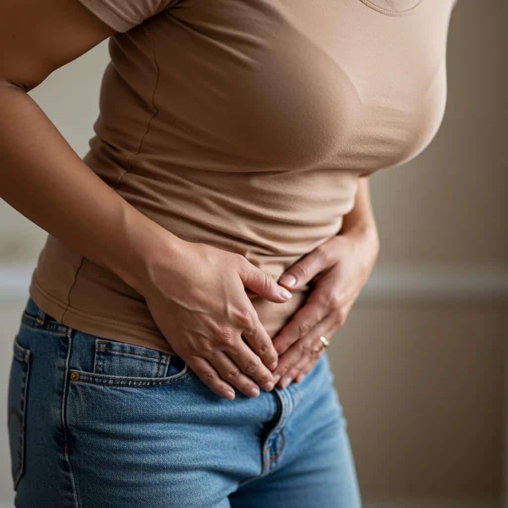 woman reflecting on discomfort related to endometriosis symptoms after menopause e939c4ea 4a22 496d 9382 c406552e9698webp - Rachael Haverland Site Woman holding her abdomen, expressing discomfort related to pelvic pain, relevant to postmenopausal endometriosis symptoms and management.