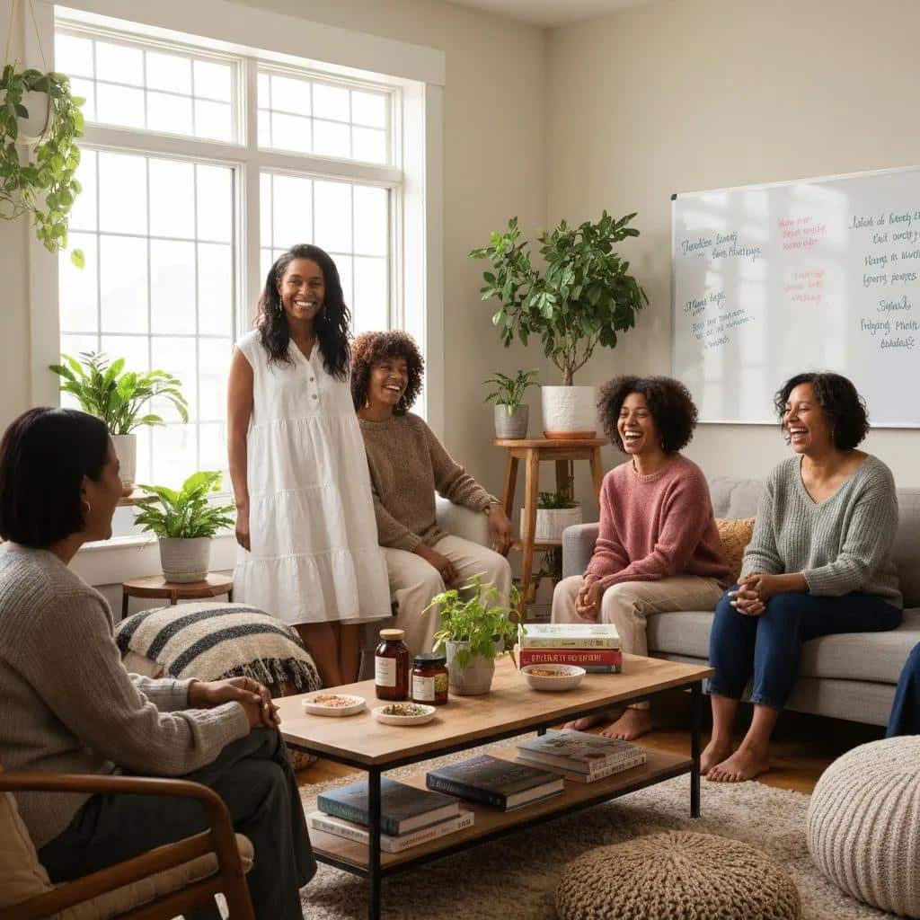 Women discussing endometriosis awareness and support in a cozy setting